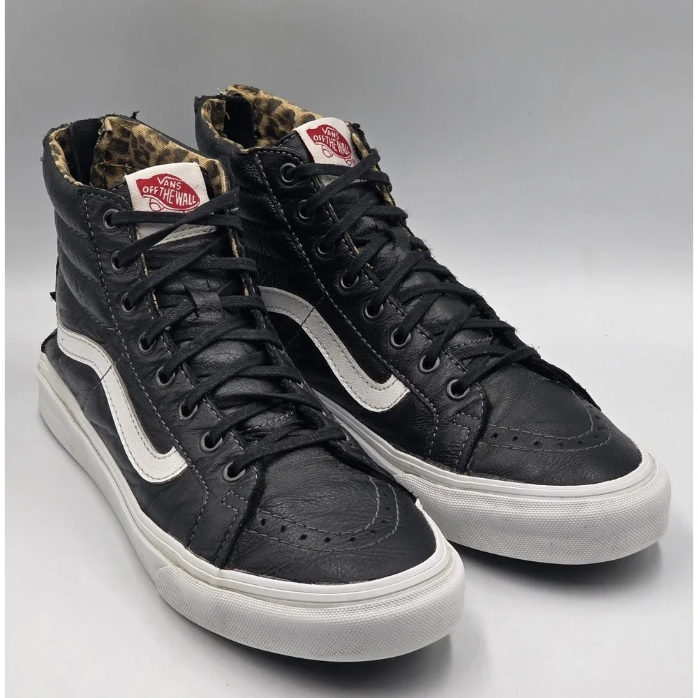 Vans Leather Off The Wall Sk8 Hi High Top Black White Stripe Men's 6.5 Women's 8